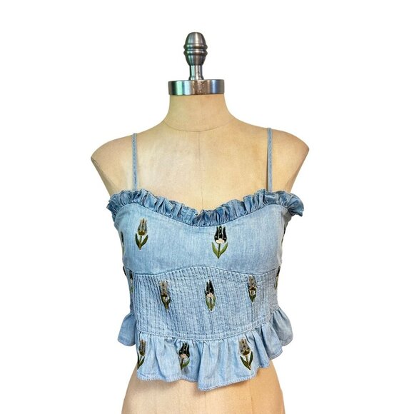 Lug Von Siga Women Blue Monica Tulip-Embroidered Ruffled Top Size 40 US 6 $353 - Picture 1 of 5
